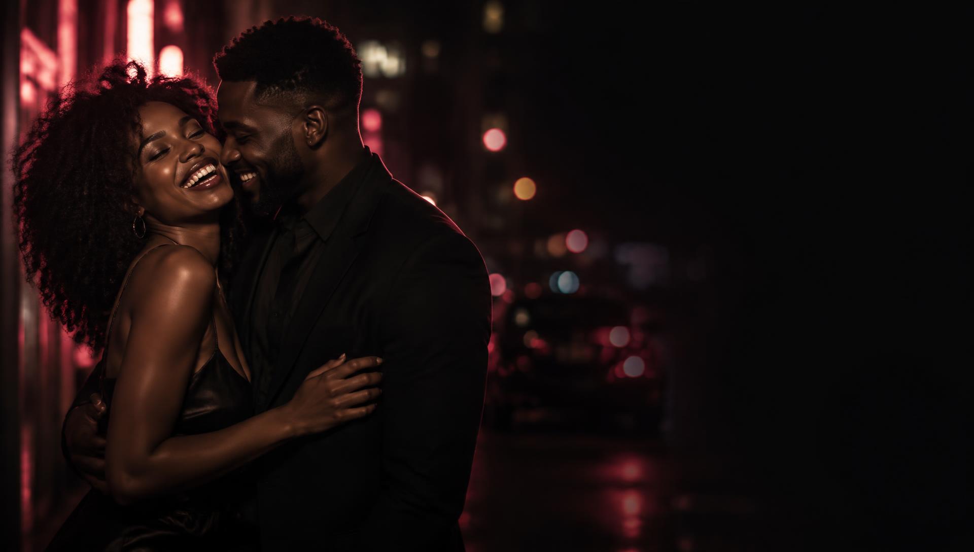 A happy African couple embracing at night
